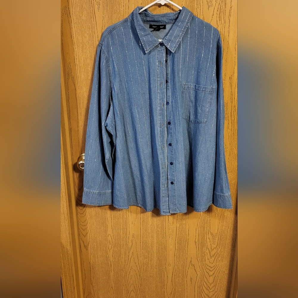 Ashley Stewart Crystal Embellished Denim Shirt